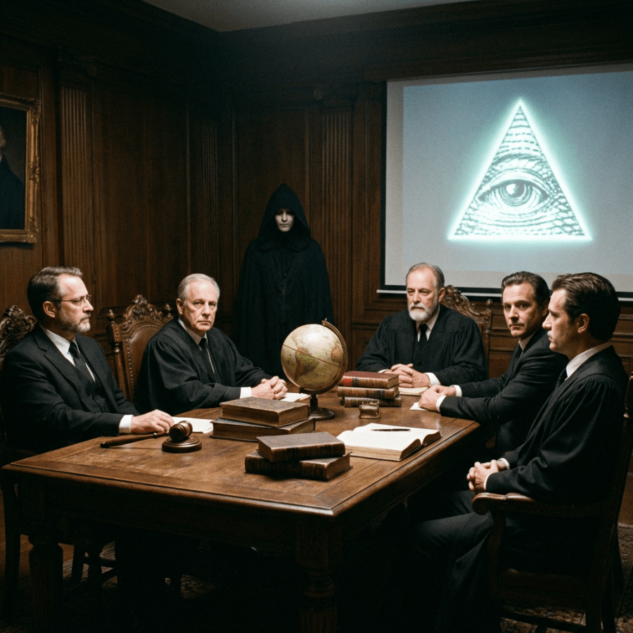 Five men in suits sitting around a wooden table with books and a globe, a cloaked figure standing behind, illuminated Illuminati eye symbol on a screen
