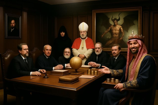 Five men in suits sitting around a wooden table with books and a globe, a cloaked figure standing behind, illuminated Illuminati eye symbol on a screen