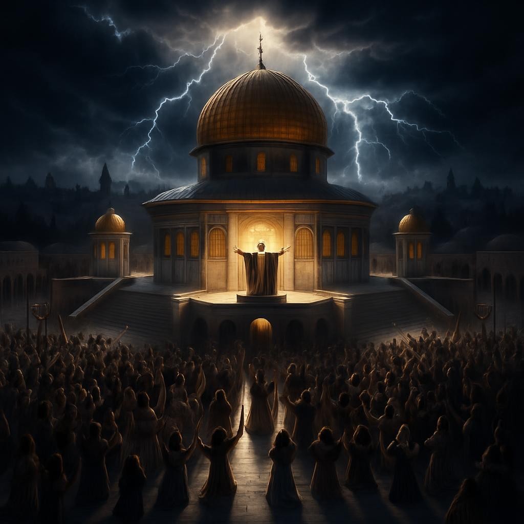 Crowd worshipping a radiant figure in front of a golden-domed temple with banners